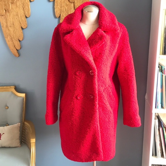 Kenneth Cole New York red faux fur sherpa warm thick medium length teddy peacoat - Picture 1 of 15